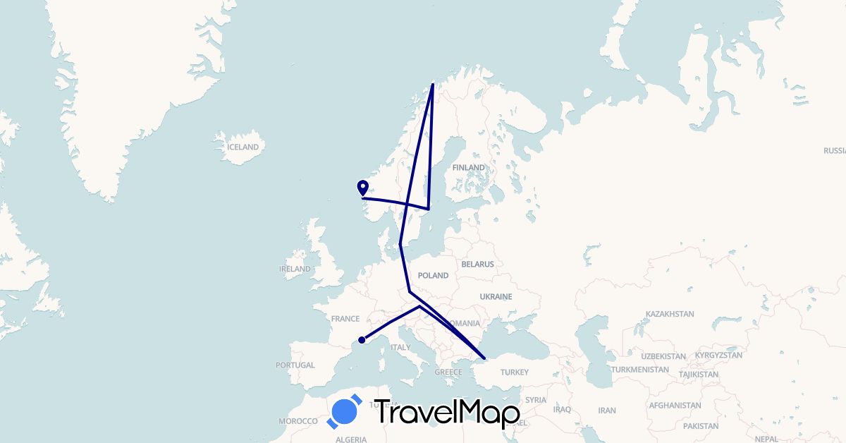 TravelMap itinerary: driving in Austria, Czech Republic, Denmark, France, Norway, Sweden, Turkey (Asia, Europe)